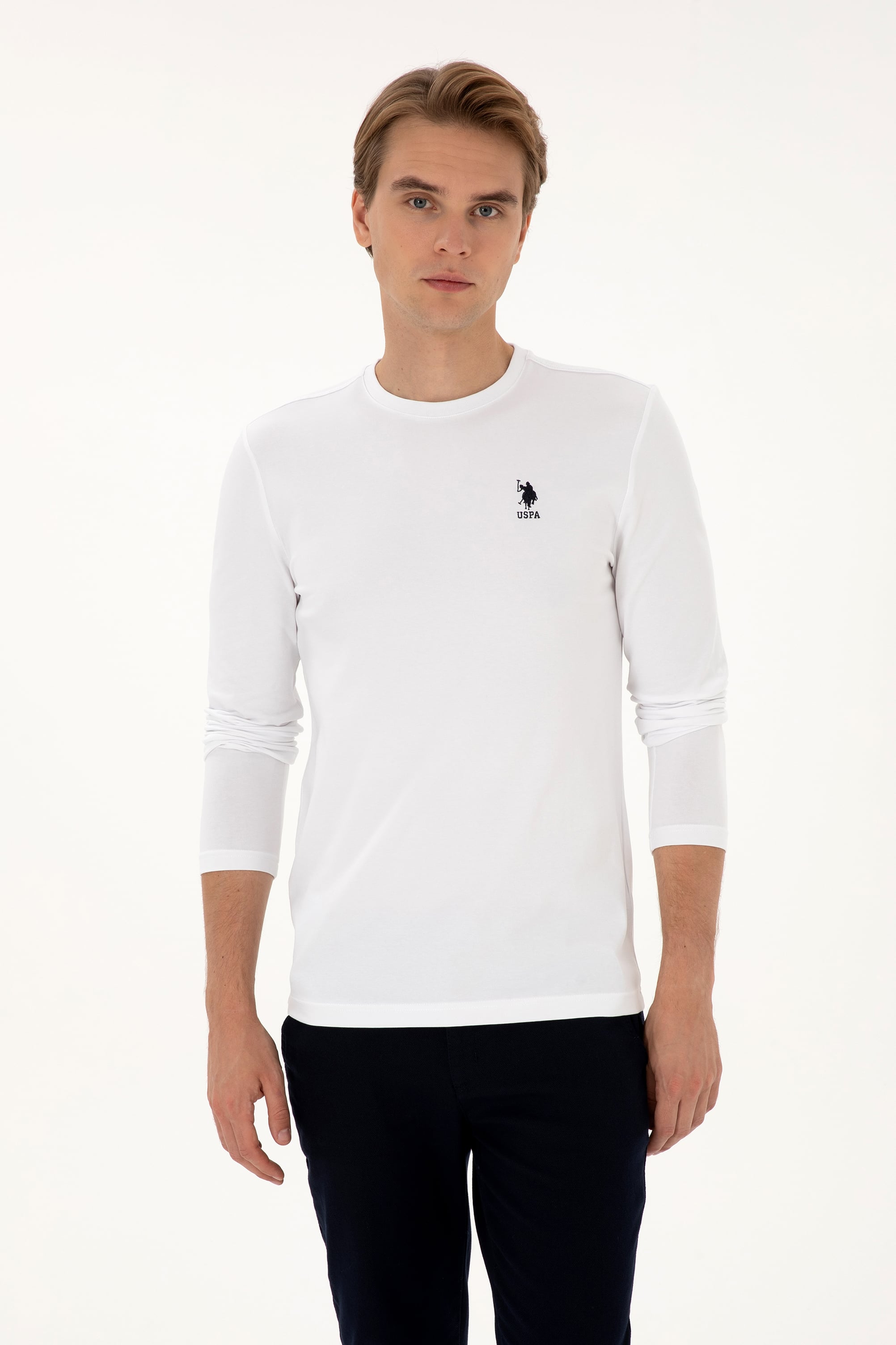 Erkek Slim Fit Bisiklet Yaka Beyaz Basic Sweatshirt - Image 1