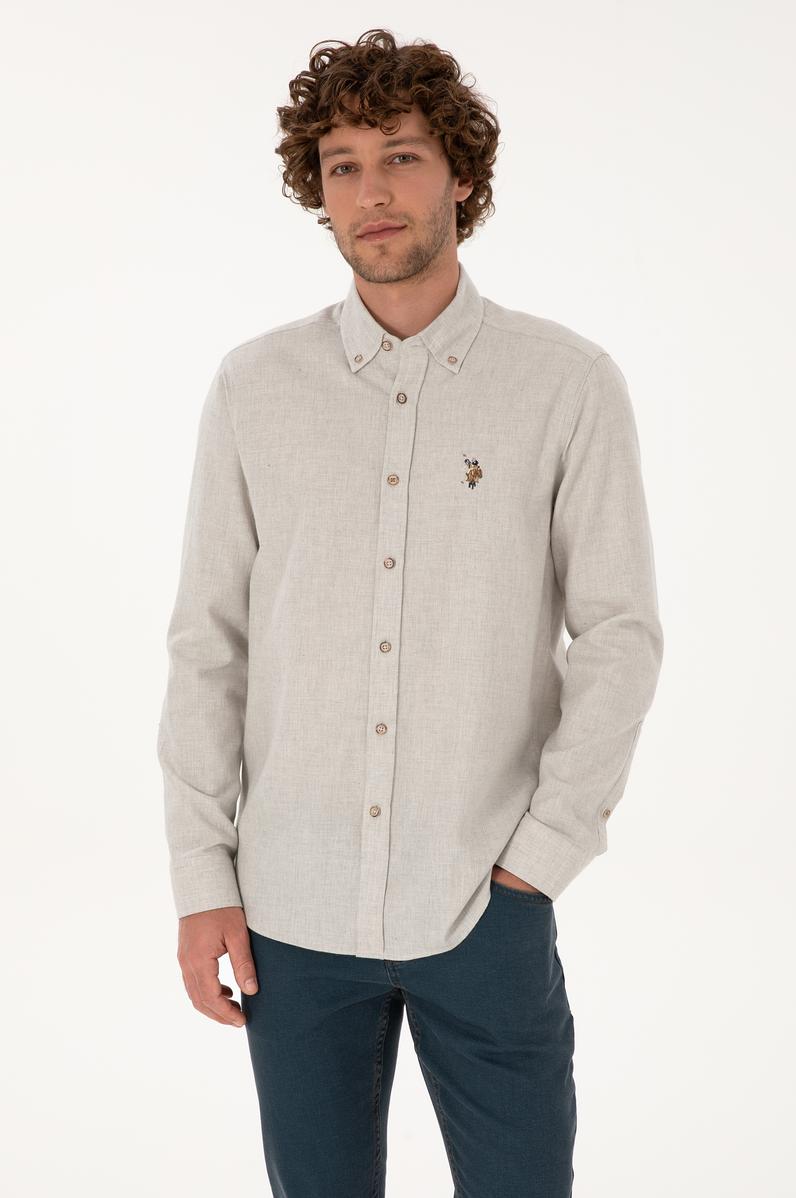 Erkek Ekru Uzun Kollu Basic Gömlek