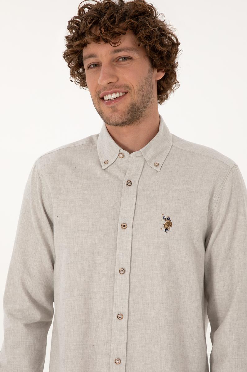 Erkek Ekru Uzun Kollu Basic Gömlek