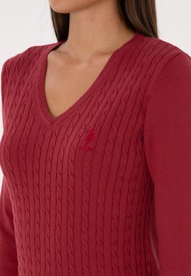 Kadın Koyu Frambuaz V Yaka Basic Kazak - 50307710059