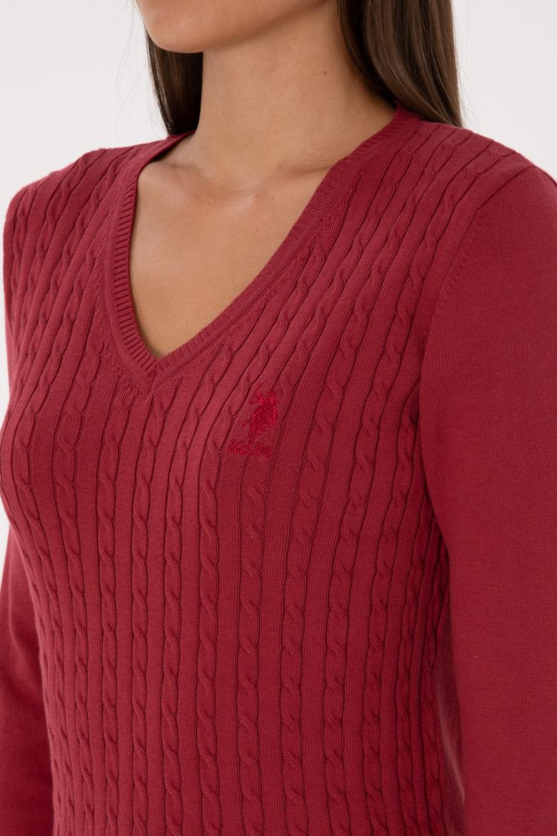 Kadın Koyu Frambuaz V Yaka Basic Kazak - 50307710059