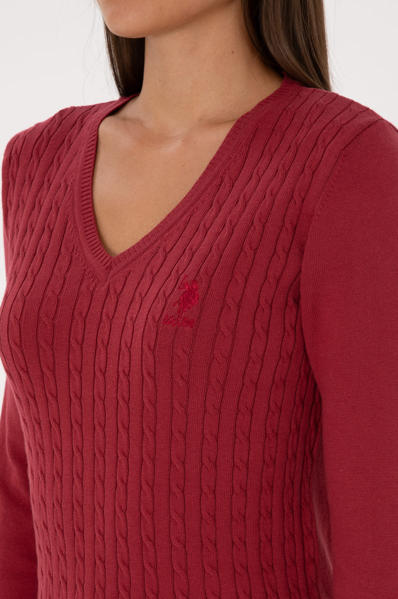 Kadın Koyu Frambuaz V Yaka Basic Kazak