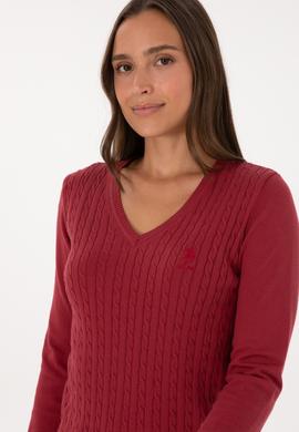 Kadın Koyu Frambuaz V Yaka Basic Kazak - 50307710059