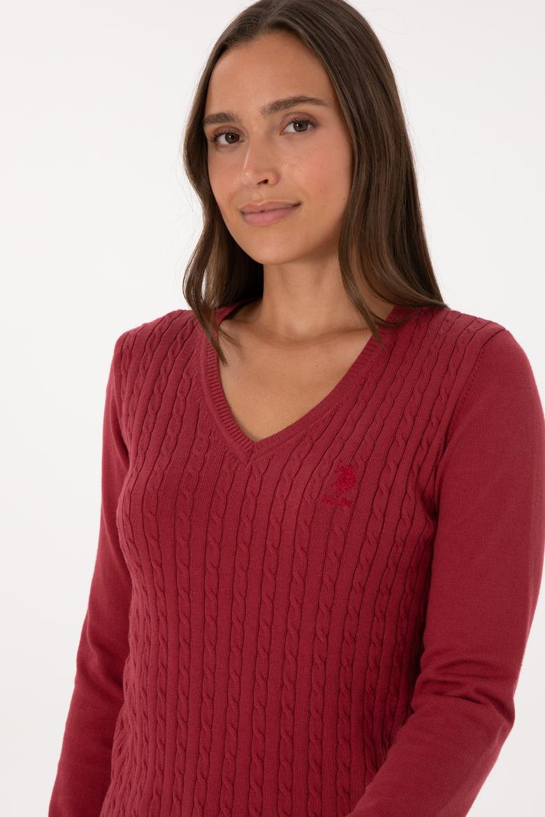 Kadın Koyu Frambuaz V Yaka Basic Kazak - 50307710059