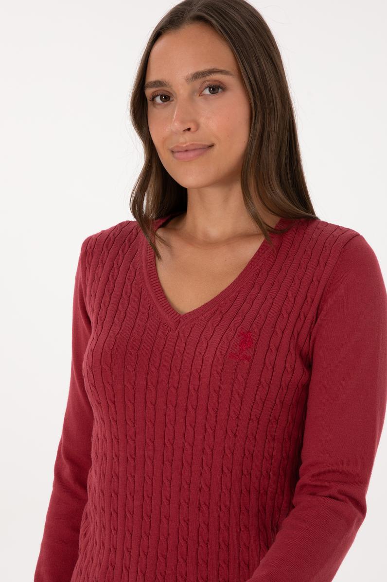 Kadın Koyu Frambuaz V Yaka Basic Kazak