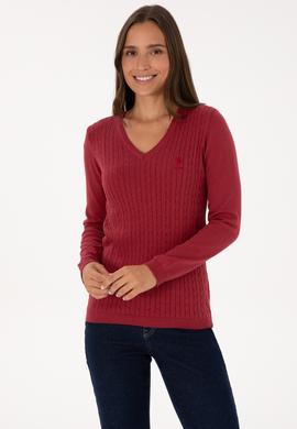Kadın Koyu Frambuaz V Yaka Basic Kazak - 50307710059