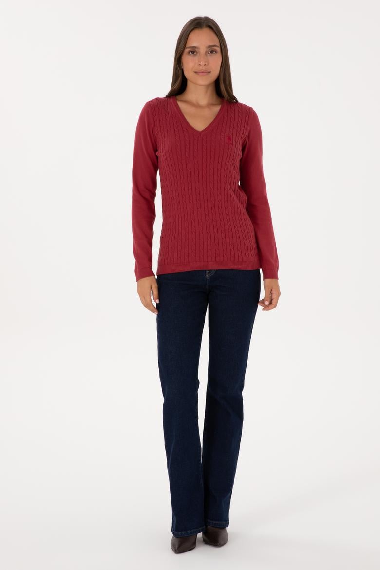 Kadın Koyu Frambuaz V Yaka Basic Kazak - 50307710059