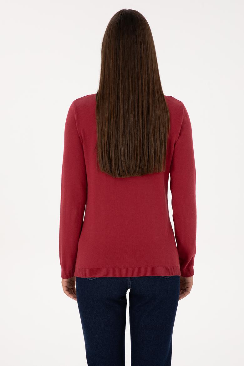 Kadın Koyu Frambuaz V Yaka Basic Kazak - 50307710059
