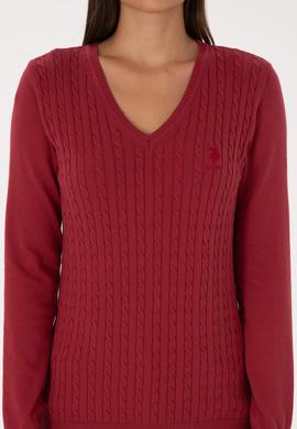 Kadın Koyu Frambuaz V Yaka Basic Kazak - 50307710059