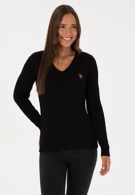 Kadın Siyah V Yaka Basic Kazak - 50307700055