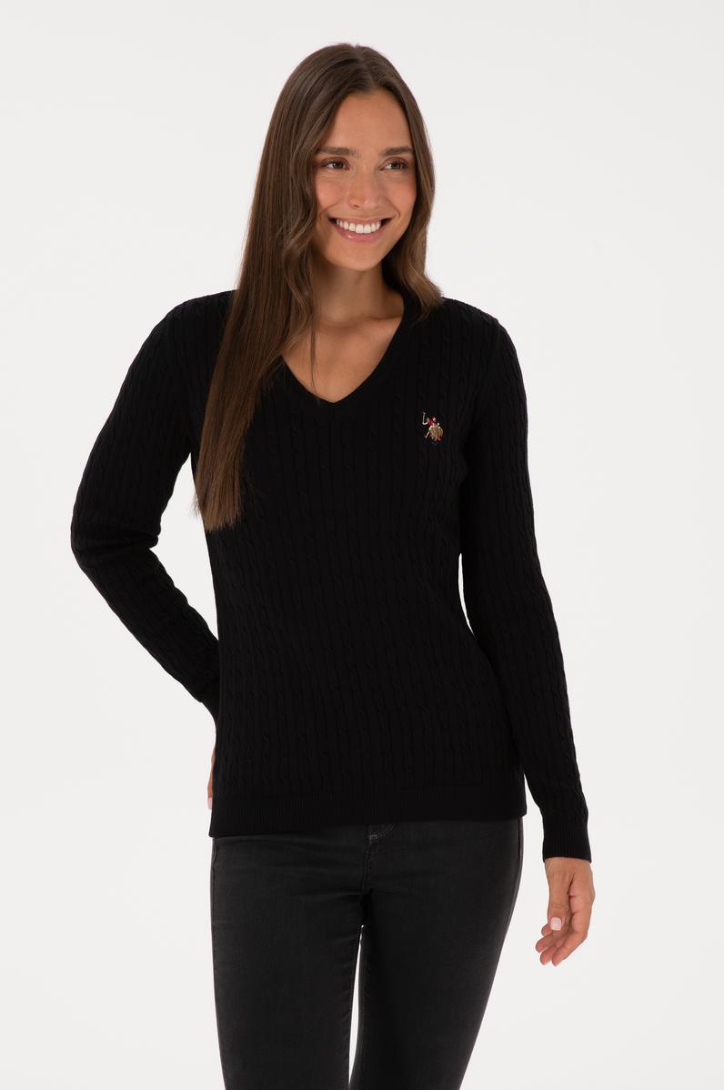 Kadın Siyah V Yaka Basic Kazak