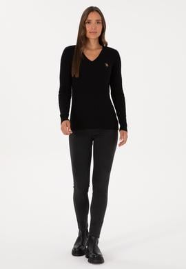 Kadın Siyah V Yaka Basic Kazak - 50307700055