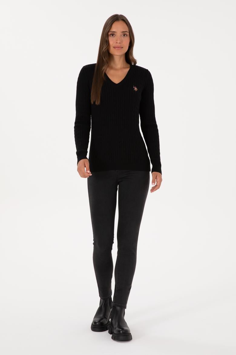 Kadın Siyah V Yaka Basic Kazak - 50307700055