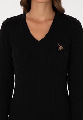 Kadın Siyah V Yaka Basic Kazak - 50307700055