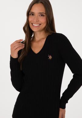 Kadın Siyah V Yaka Basic Kazak - 50307700055