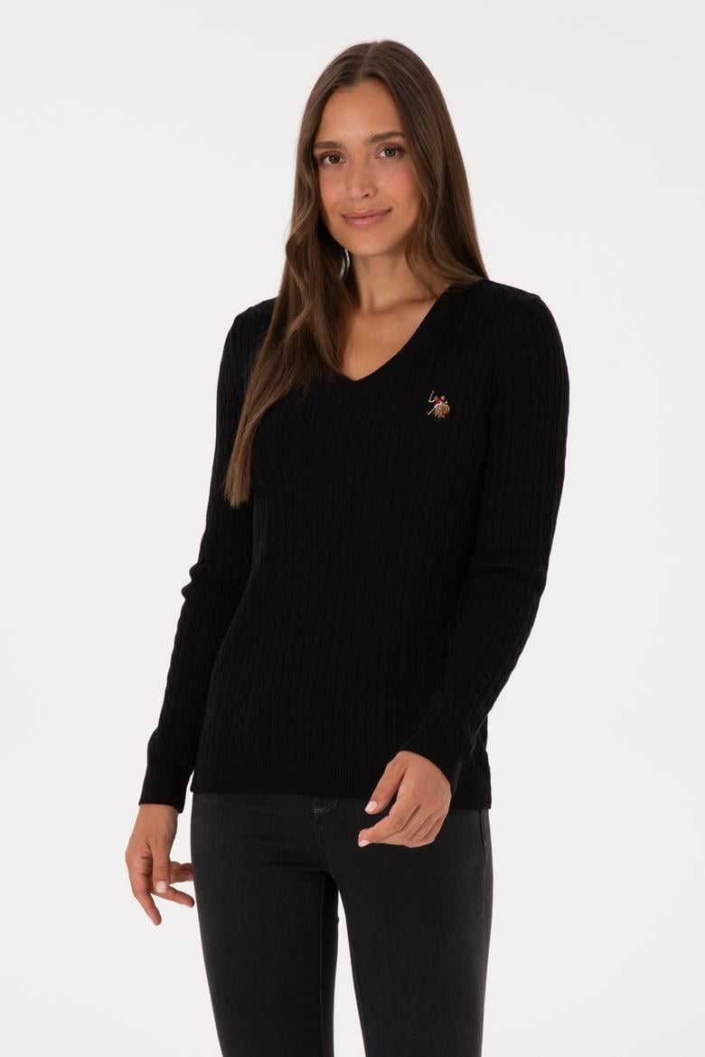 Kadın Siyah V Yaka Basic Kazak - 50307700055