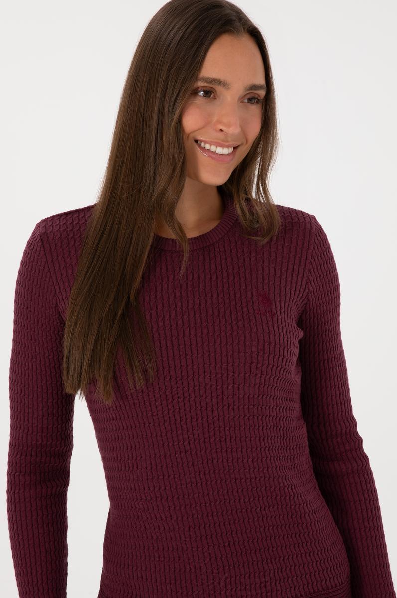 Kadın Bordo Bisiklet Yaka Basic Kazak