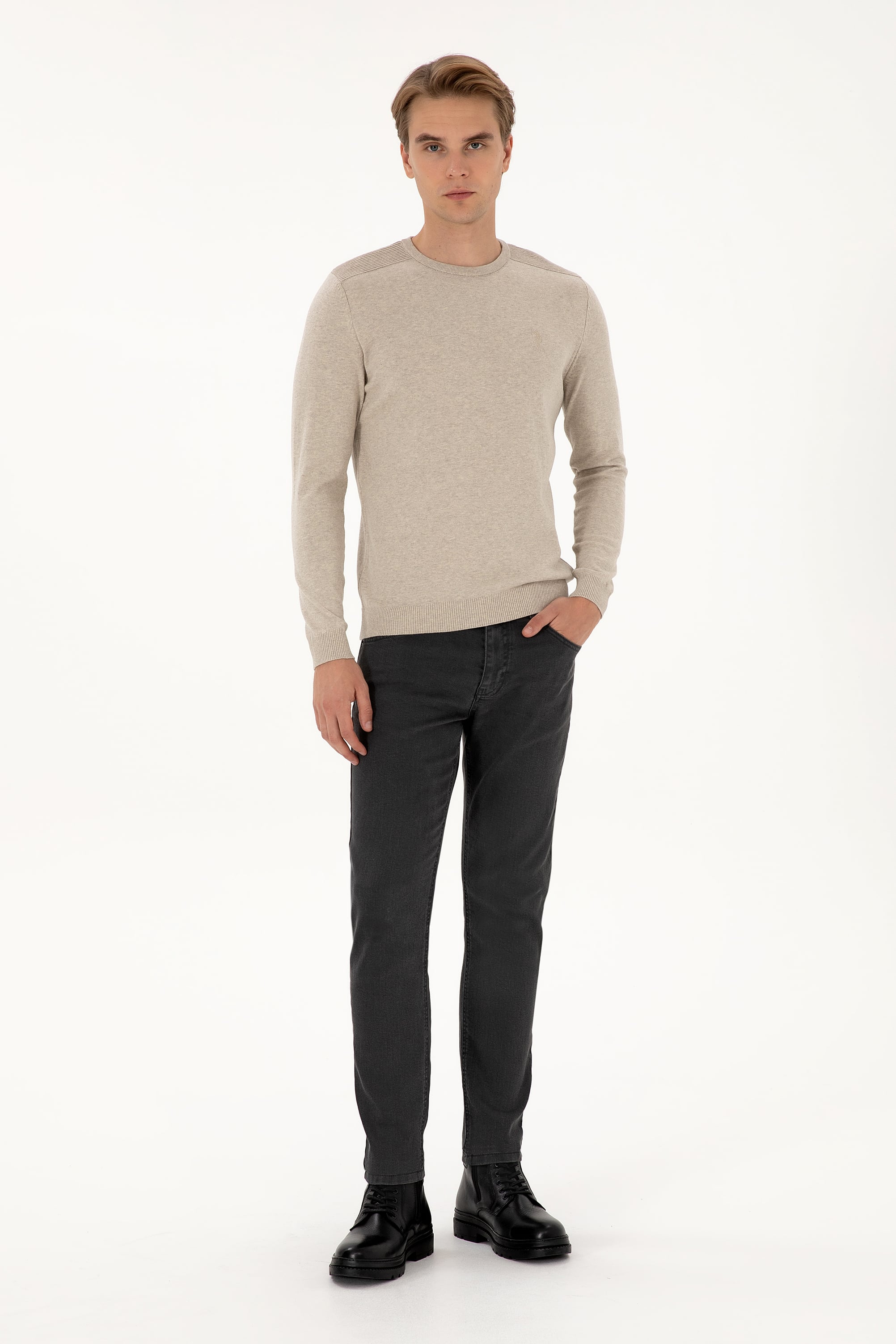 Erkek Slim Fit Bisiklet Yaka Taş Melanj Basic Kazak - Image 4