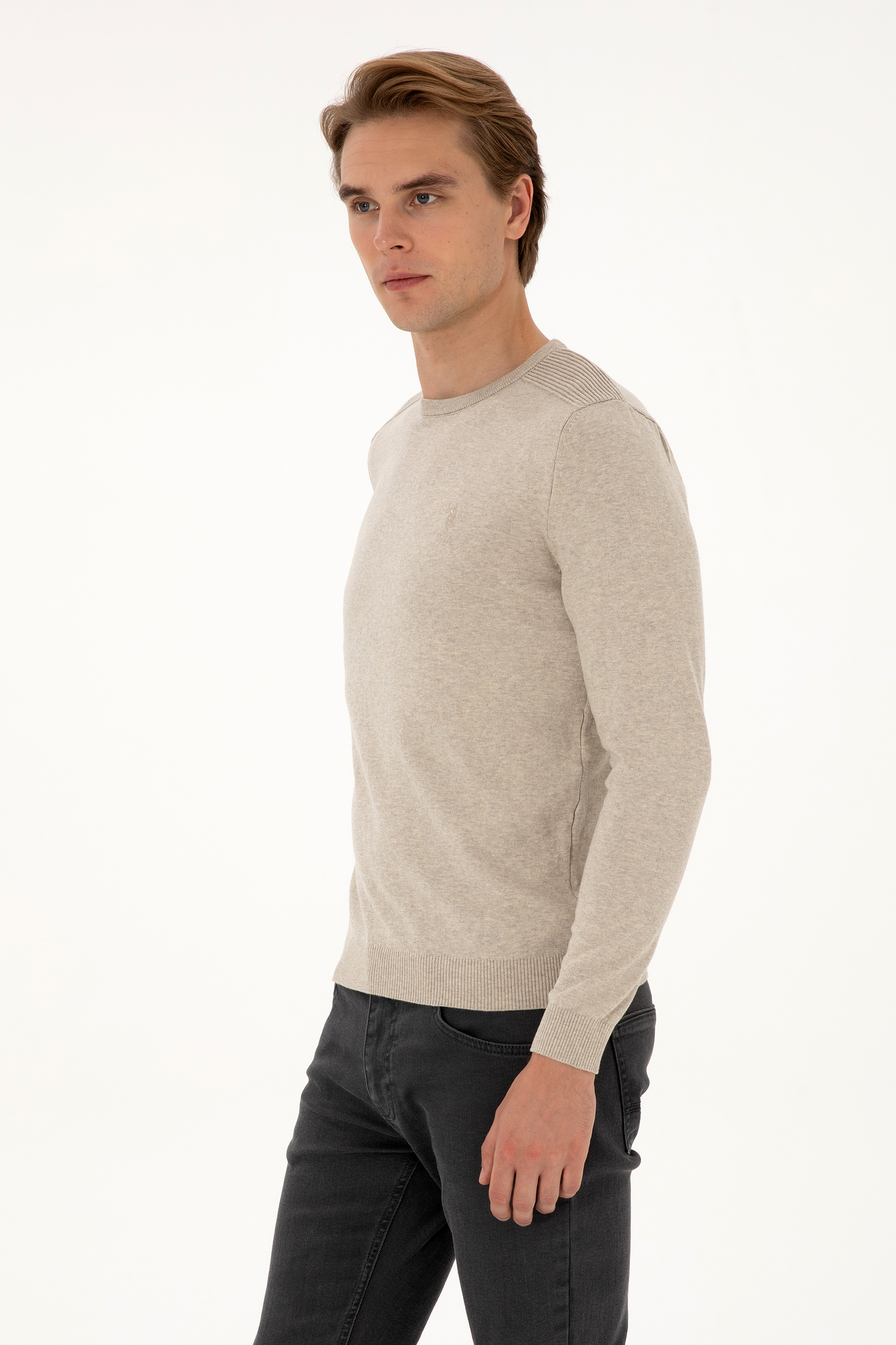 Erkek Slim Fit Bisiklet Yaka Taş Melanj Basic Kazak - Image 3