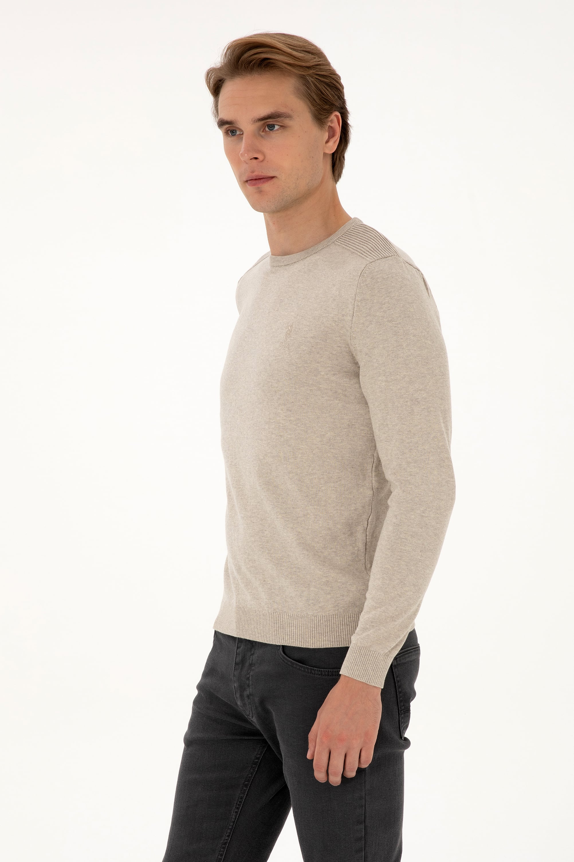 Erkek Slim Fit Bisiklet Yaka Taş Melanj Basic Kazak