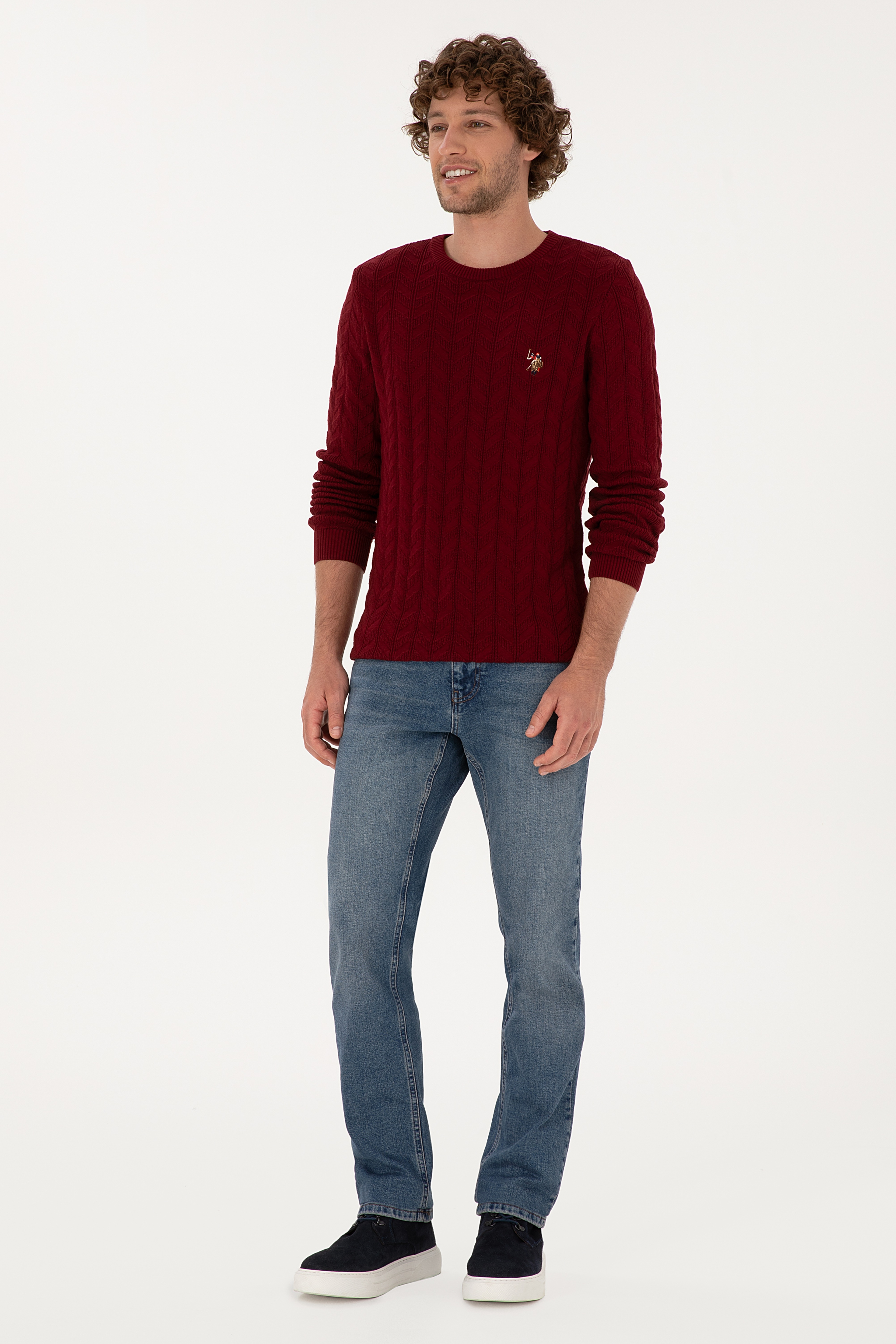Erkek Slim Fit Bisiklet Yaka Desenli Bordo Kazak - Image 4