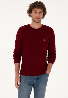 Erkek Slim Fit Bisiklet Yaka Desenli Bordo Kazak - 50307836033