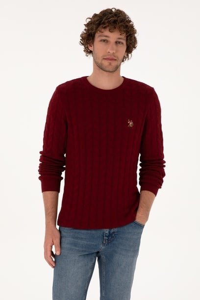 Erkek Slim Fit Bisiklet Yaka Desenli Bordo Kazak