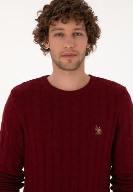 Erkek Slim Fit Bisiklet Yaka Desenli Bordo Kazak - 50307836033