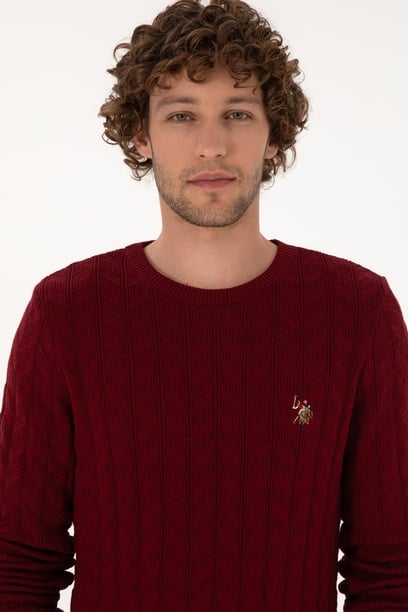 Erkek Slim Fit Bisiklet Yaka Desenli Bordo Kazak