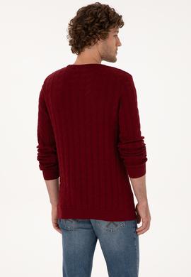 Erkek Slim Fit Bisiklet Yaka Desenli Bordo Kazak - 50307836033