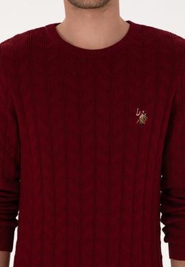 Erkek Slim Fit Bisiklet Yaka Desenli Bordo Kazak - 50307836033