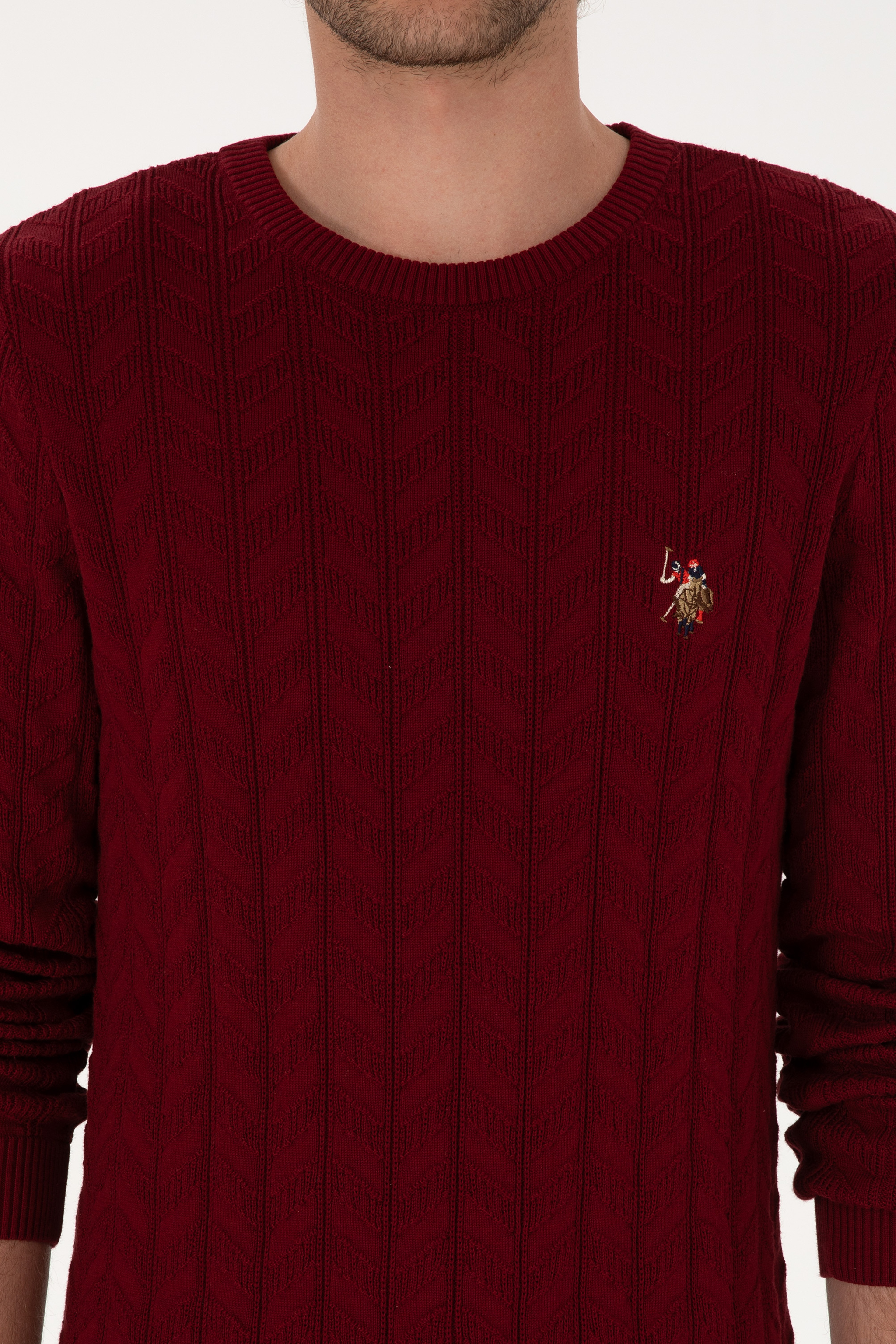Erkek Slim Fit Bisiklet Yaka Desenli Bordo Kazak