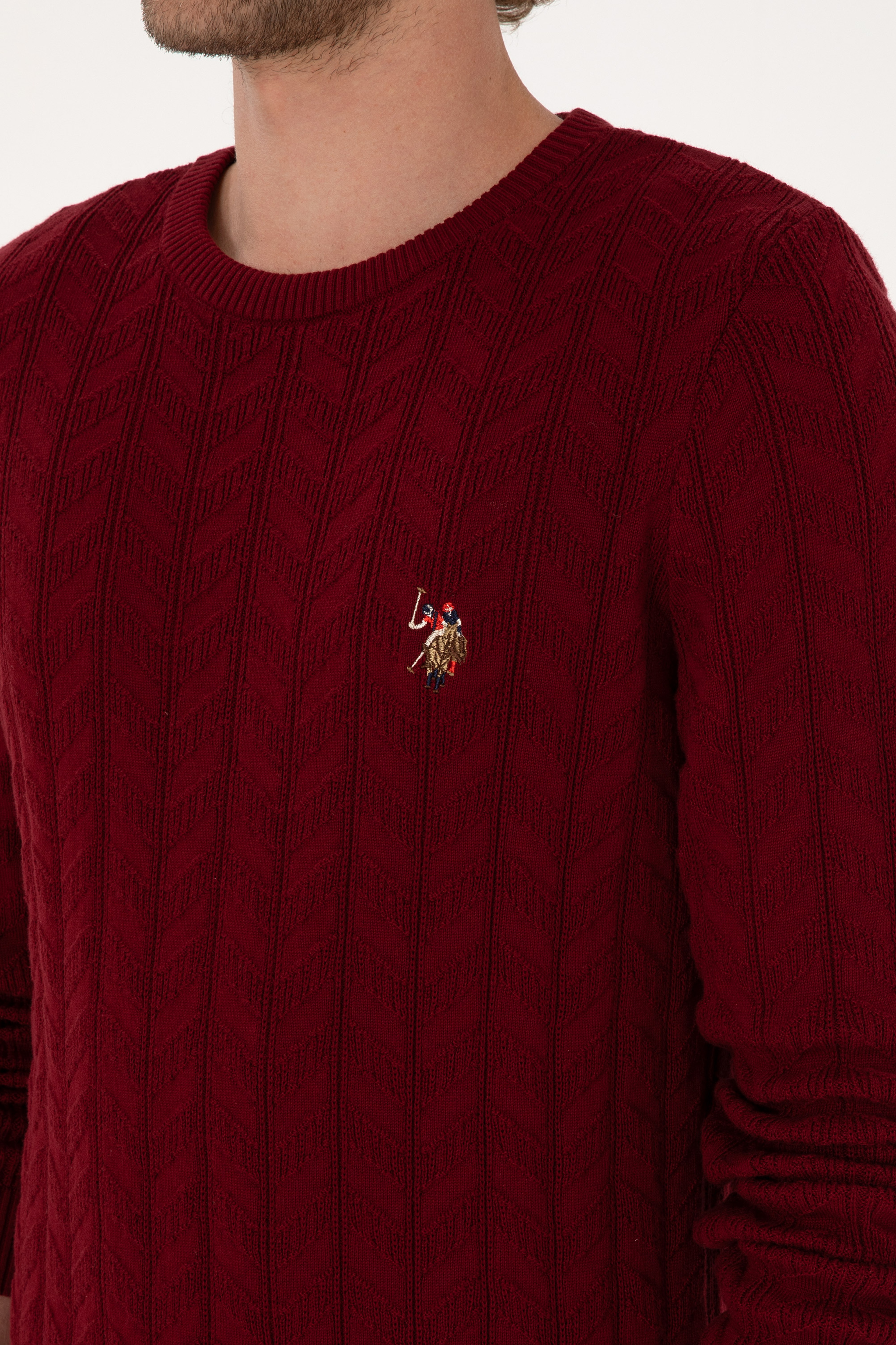 Erkek Slim Fit Bisiklet Yaka Desenli Bordo Kazak - Image 7