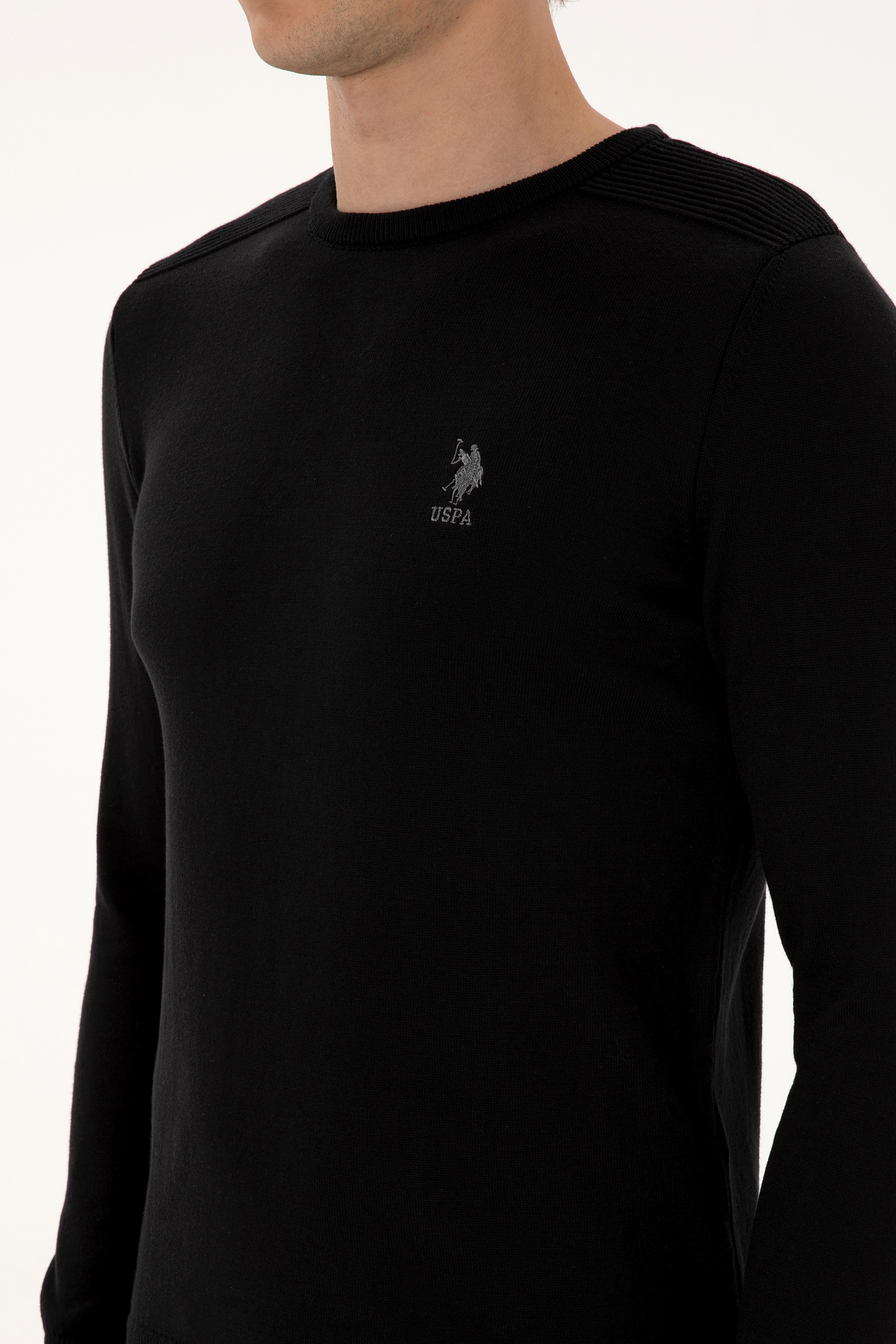 Erkek Slim Fit Bisiklet Yaka Siyah Basic Kazak - Image 7