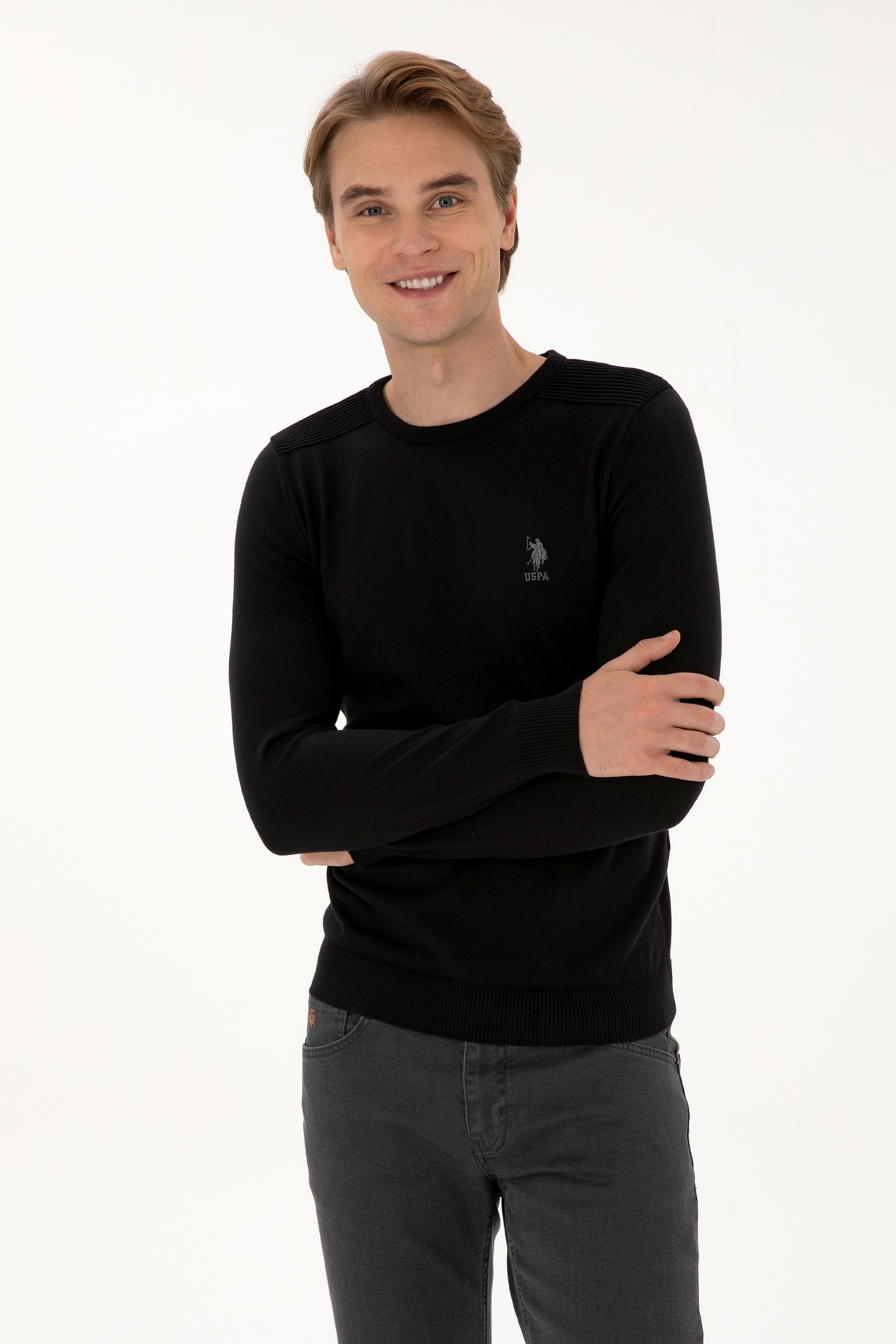 Erkek Slim Fit Bisiklet Yaka Siyah Basic Kazak - Image 3