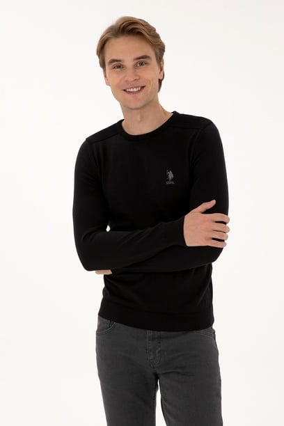 Erkek Slim Fit Bisiklet Yaka Siyah Basic Kazak