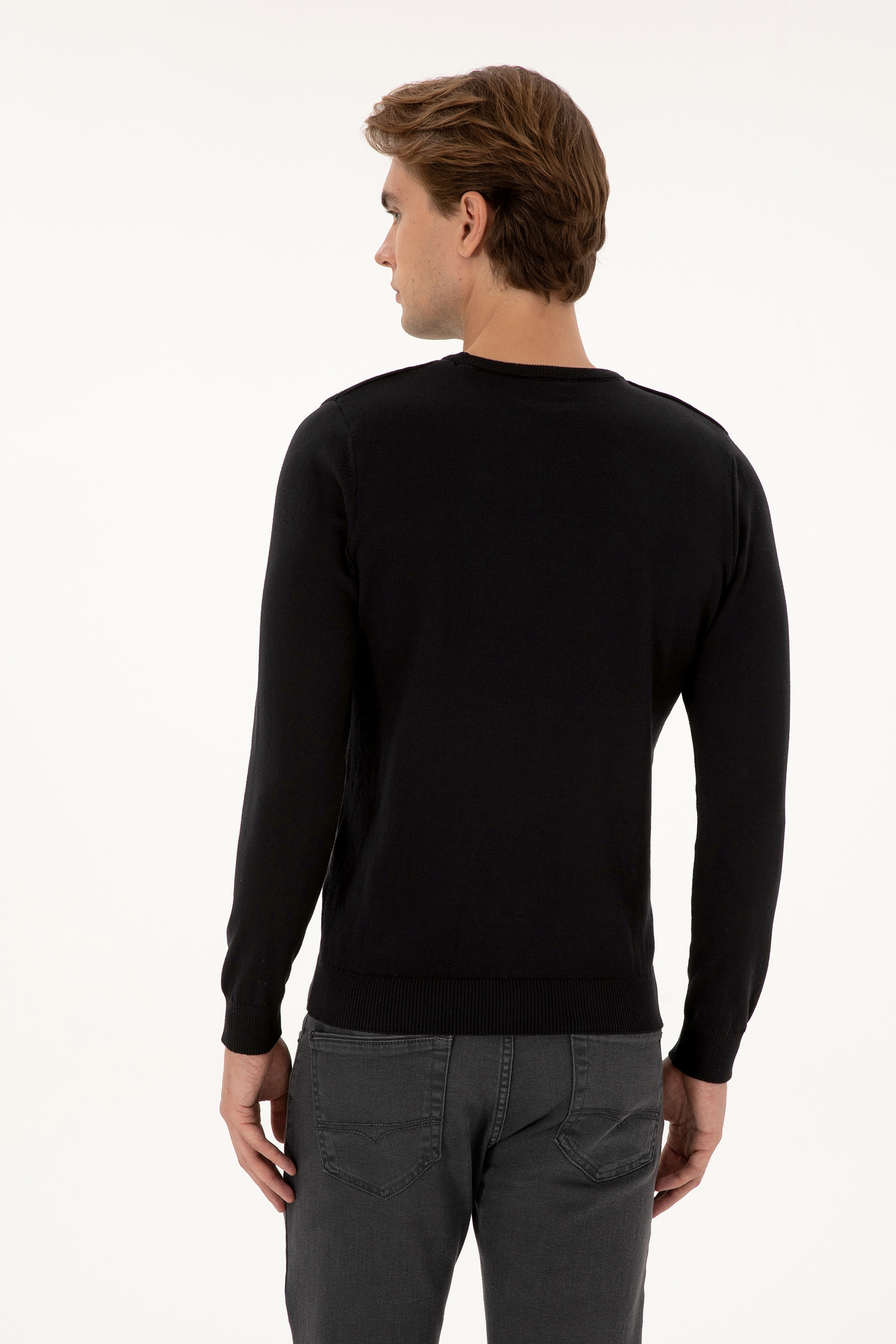 Erkek Slim Fit Bisiklet Yaka Siyah Basic Kazak