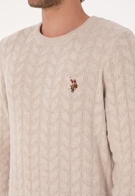 Erkek Slim Fit Bisiklet Yaka Desenli Taş Melanj Kazak - 50307836051