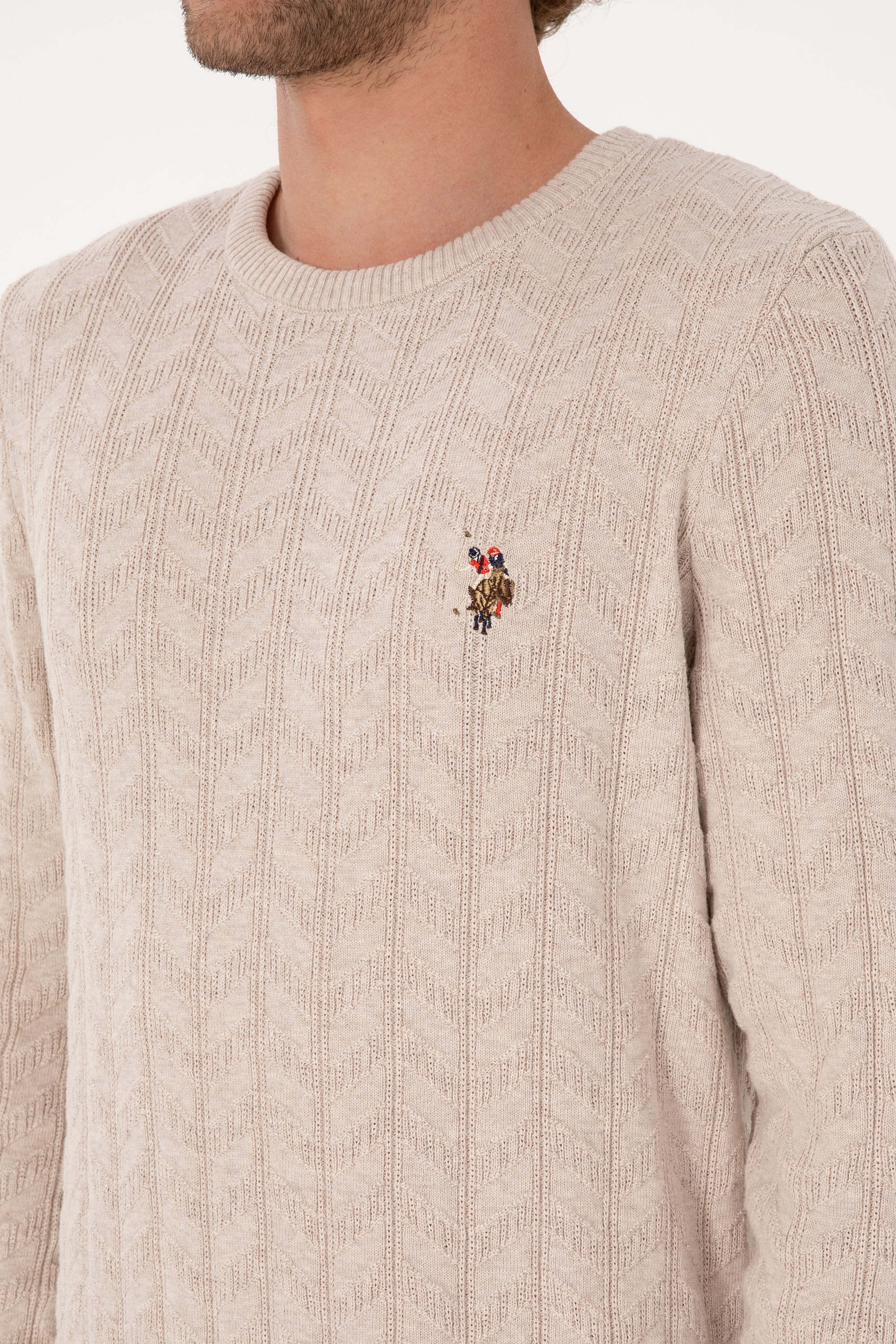 Erkek Slim Fit Bisiklet Yaka Desenli Taş Melanj Kazak