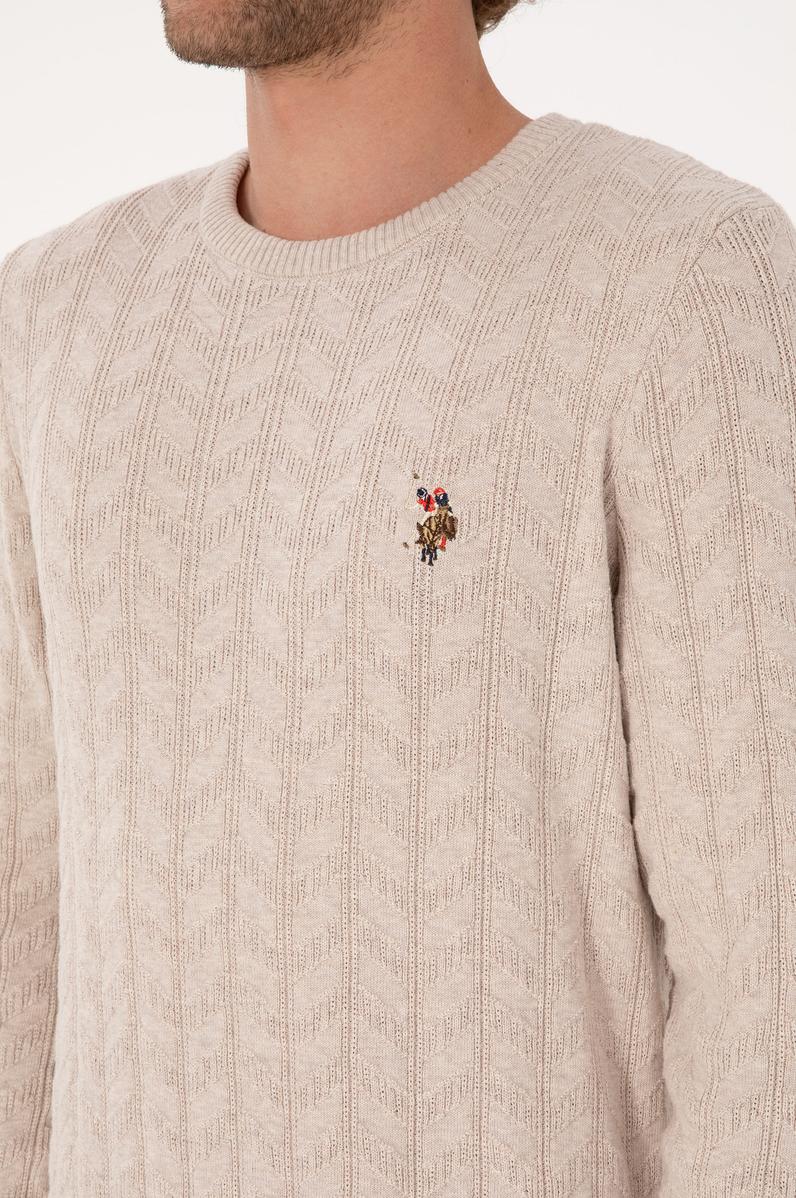 Erkek Slim Fit Bisiklet Yaka Desenli Taş Melanj Kazak