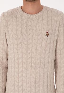 Erkek Slim Fit Bisiklet Yaka Desenli Taş Melanj Kazak - 50307836051