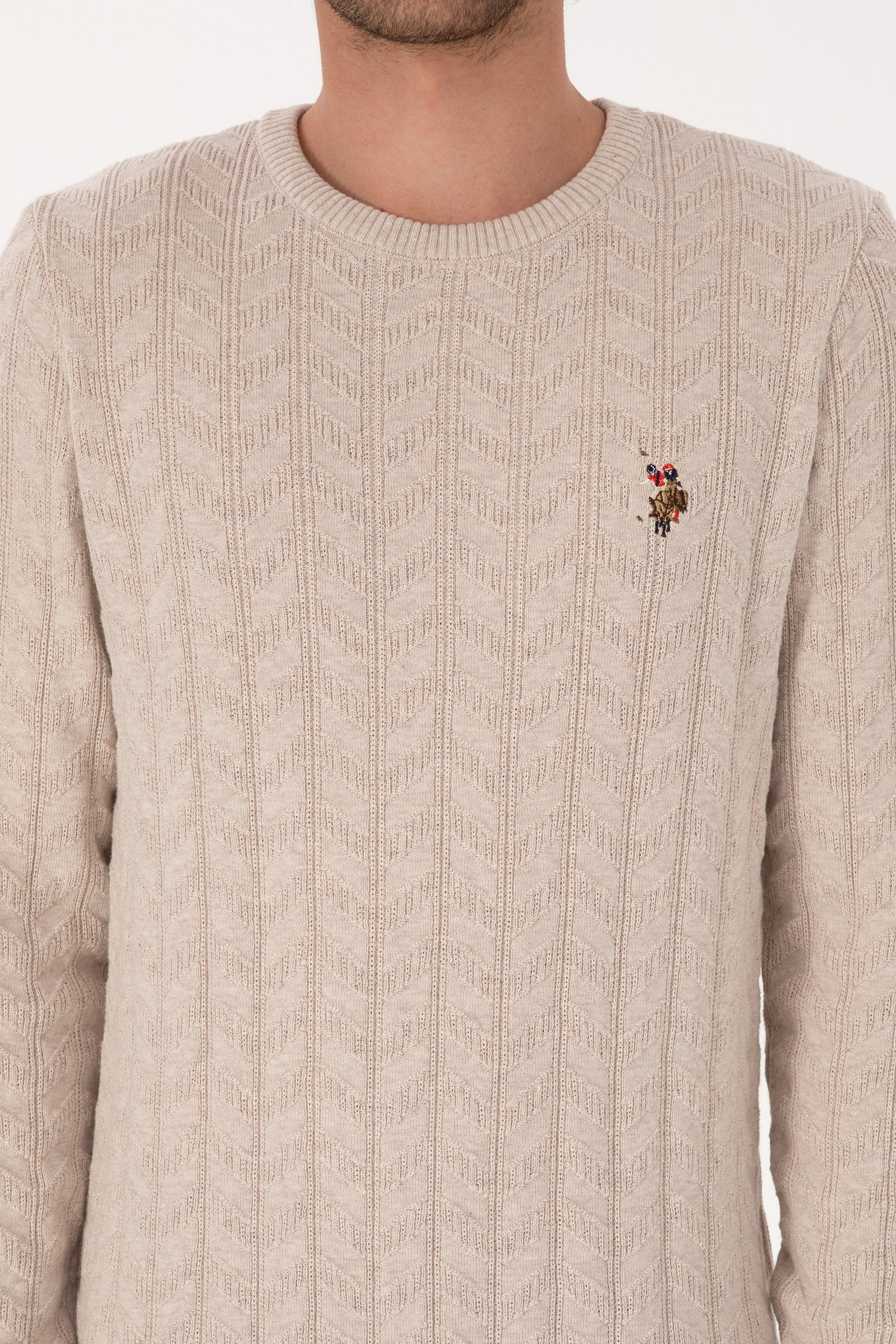 Erkek Slim Fit Bisiklet Yaka Desenli Taş Melanj Kazak - Image 6