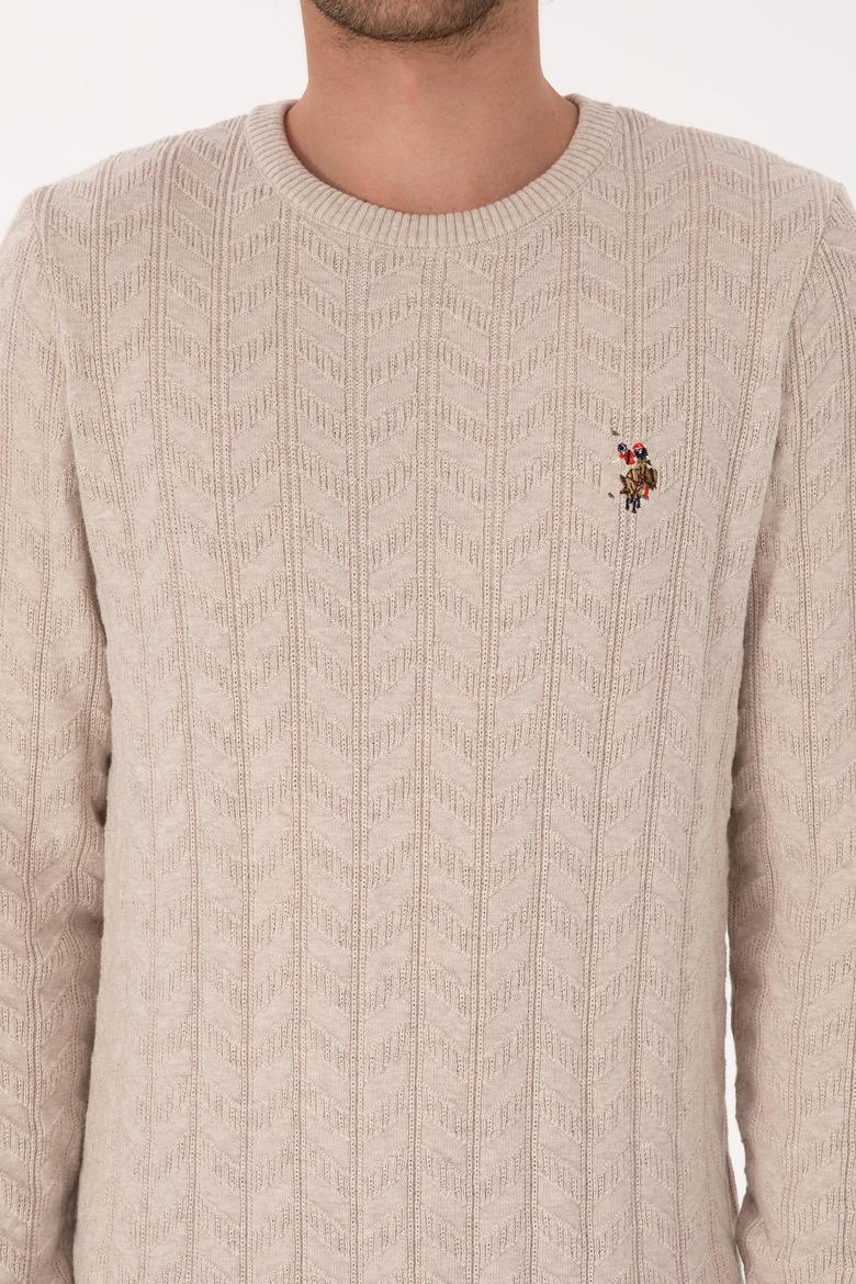 Erkek Slim Fit Bisiklet Yaka Desenli Taş Melanj Kazak - 50307836051