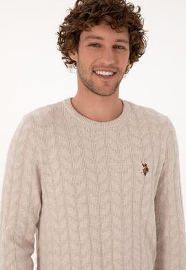 Erkek Slim Fit Bisiklet Yaka Desenli Taş Melanj Kazak - 50307836051