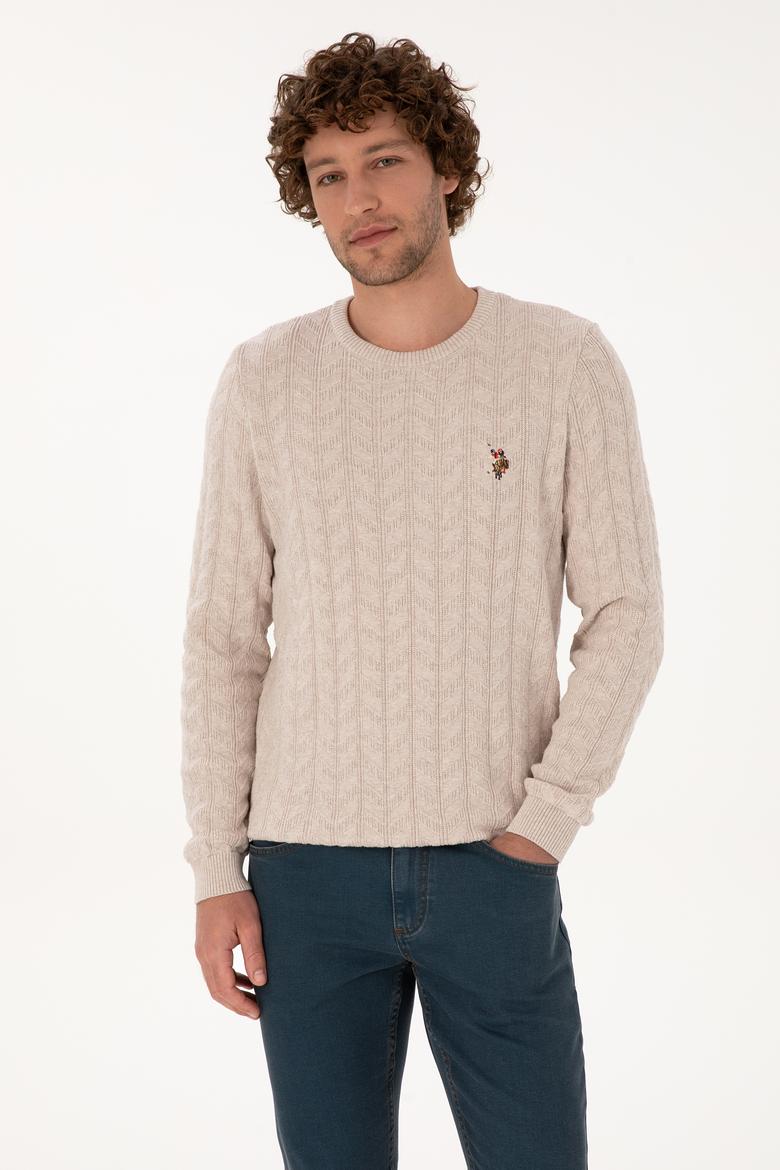 Erkek Slim Fit Bisiklet Yaka Desenli Taş Melanj Kazak