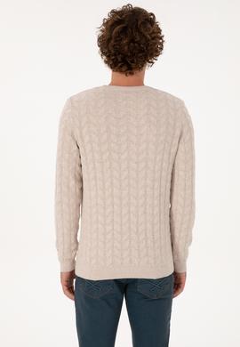 Erkek Slim Fit Bisiklet Yaka Desenli Taş Melanj Kazak - 50307836051