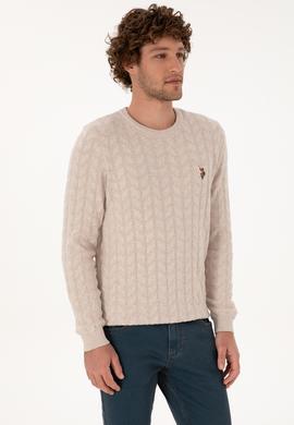 Erkek Slim Fit Bisiklet Yaka Desenli Taş Melanj Kazak - 50307836051