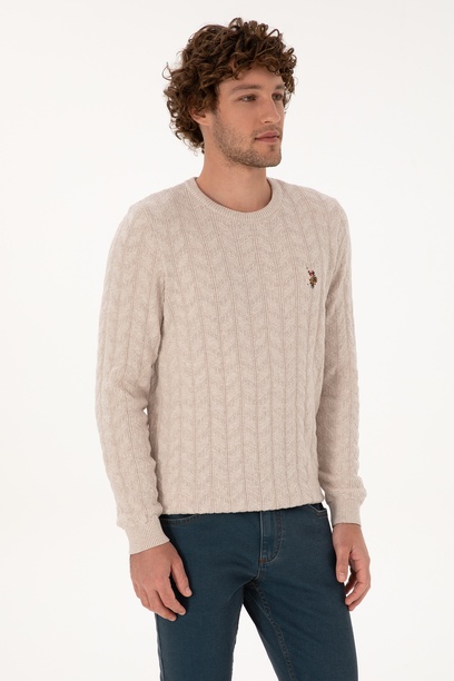 Erkek Slim Fit Bisiklet Yaka Desenli Taş Melanj Kazak
