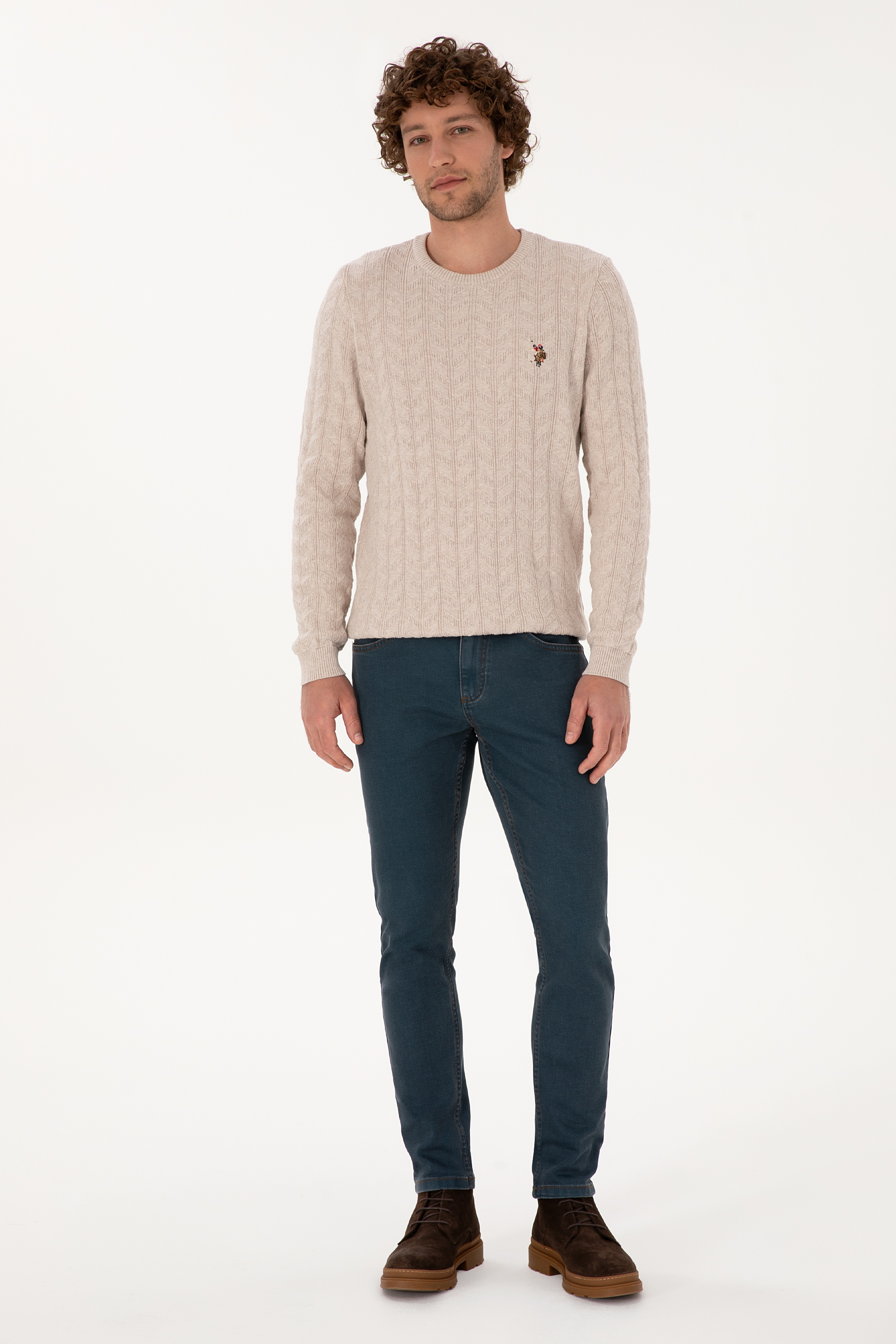 Erkek Slim Fit Bisiklet Yaka Desenli Taş Melanj Kazak