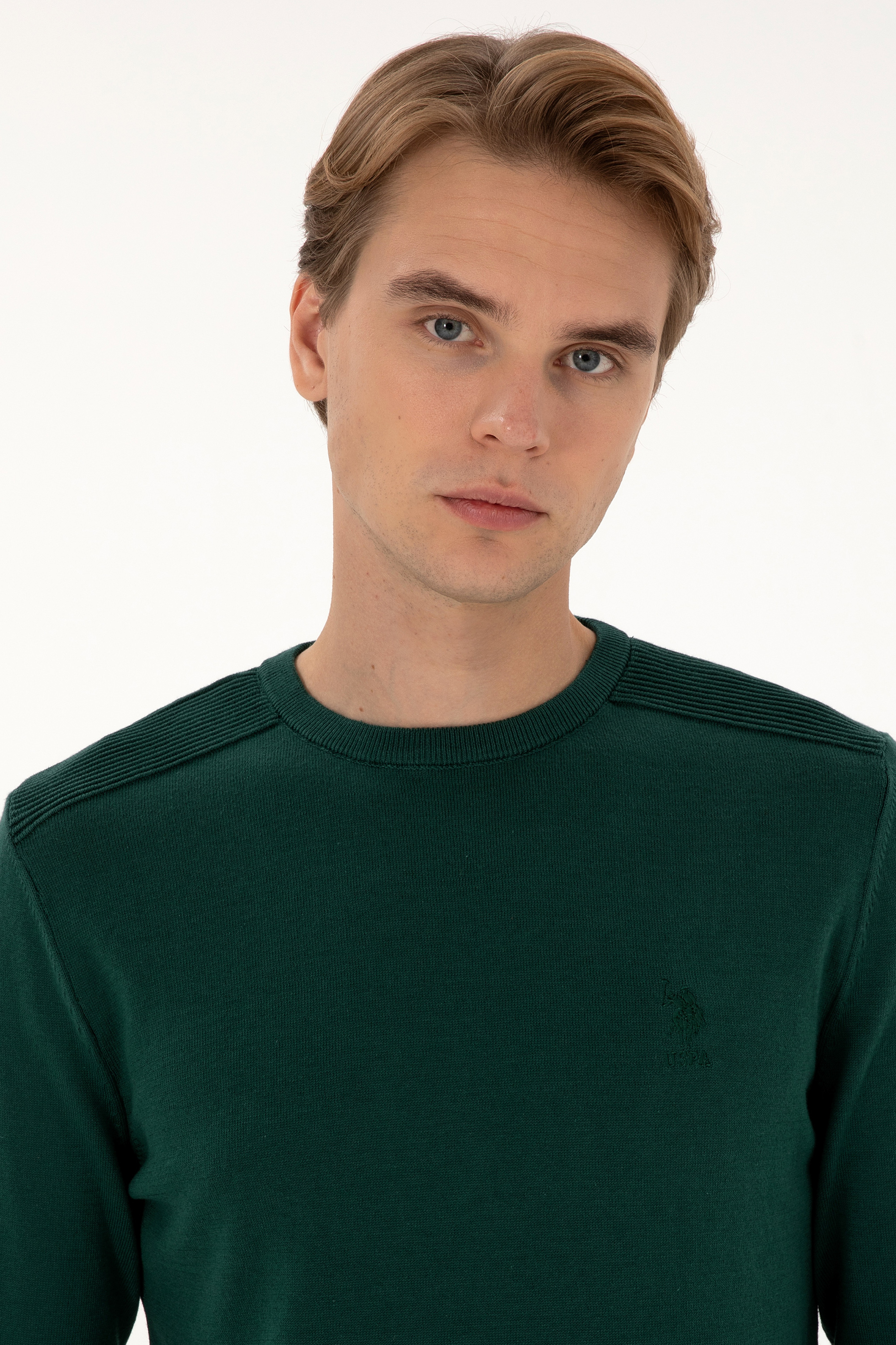 Erkek Slim Fit Bisiklet Yaka Yeşil Basic Kazak